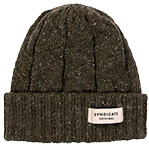 A classic dark green, wool beanie hat.