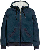 A zip-up dark blue hooded jacket.