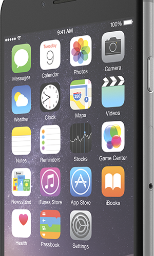 A black iphone 6 turned at an angle to show off its slim design.