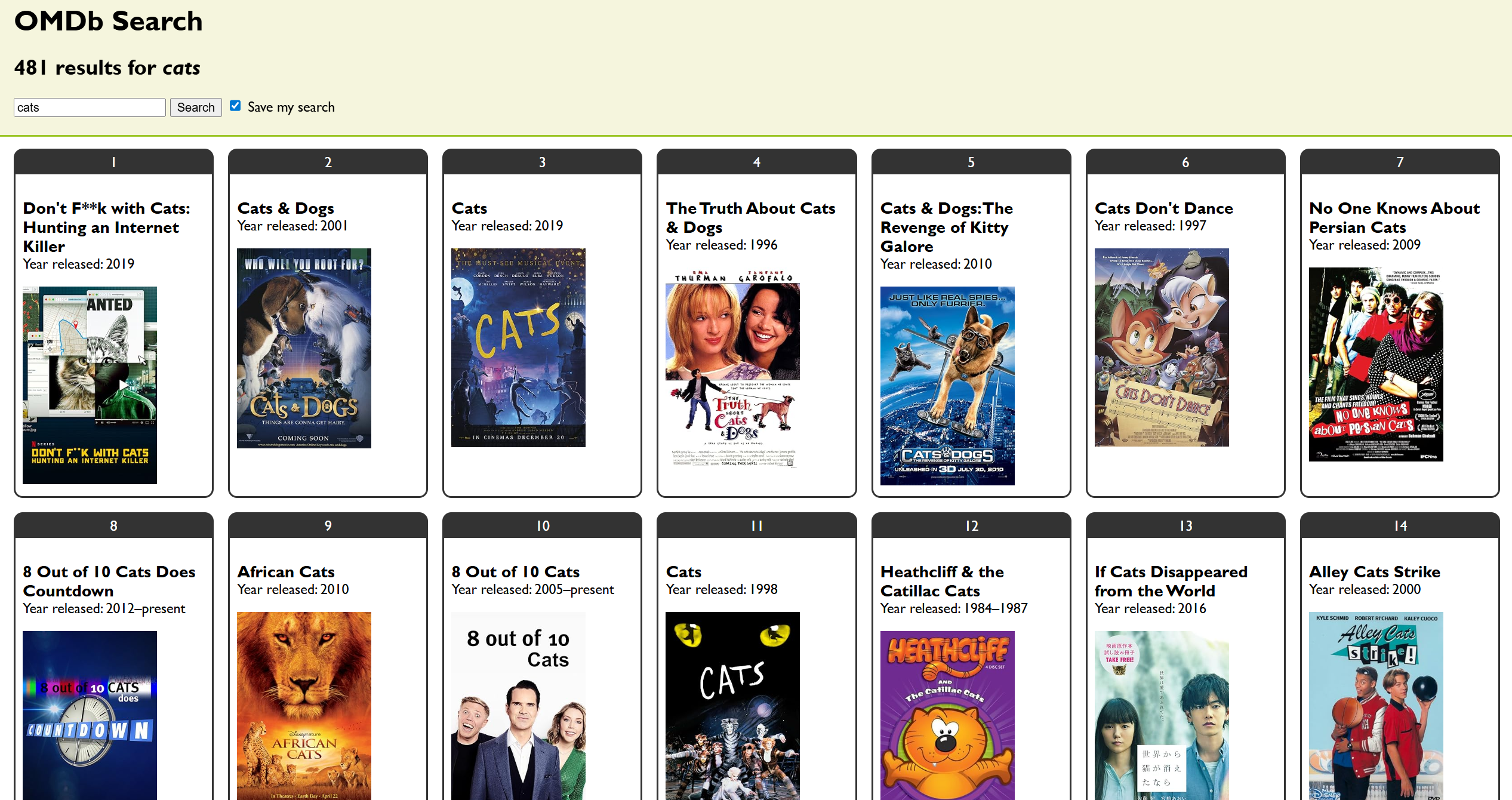 OMDB API movie search project screenshot.
